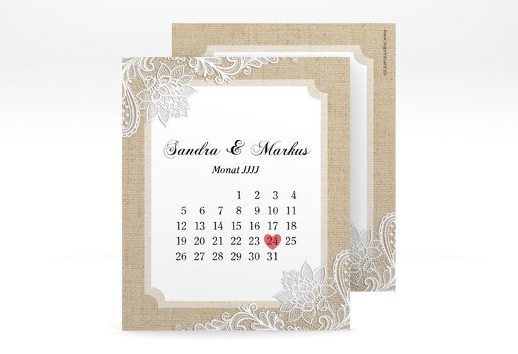 Save the Date-Kalenderblatt Lace Kalenderblatt-Karte in Leinen-Optik mit weißer Spitze