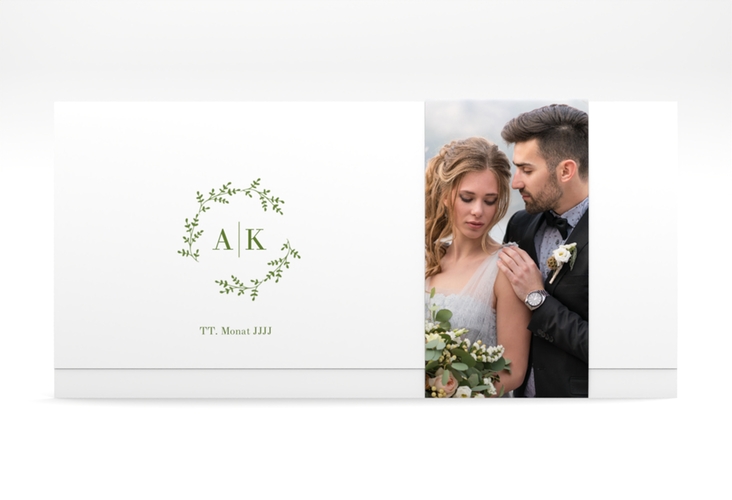 Hochzeitseinladung Filigrana Wickelfalzkarte + Banderole gruen in reduziertem Design mit Initialen und zartem Blätterkranz