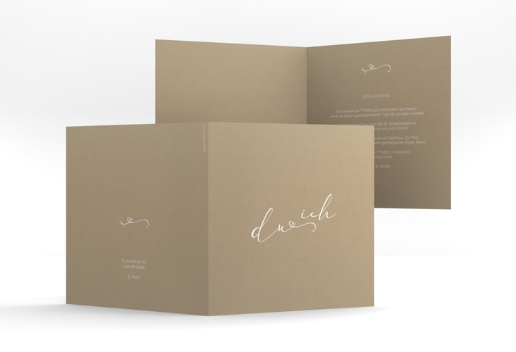 Hochzeitseinladung Zweisamkeit quadr. Klappkarte Kraftpapier im minimalistischen Stil mit Aufschrift du & ich