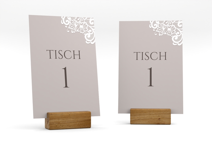 Tischnummer Hochzeit Vintage Tischaufsteller grau mit floraler Spitze