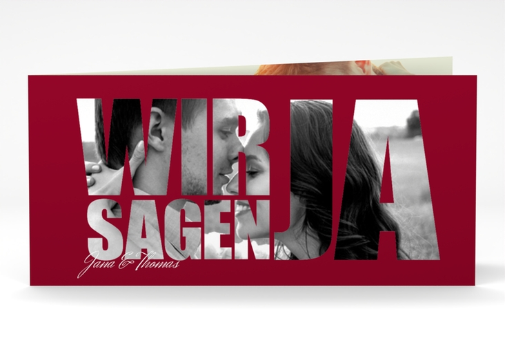 Hochzeitseinladung Letters lange Klappkarte quer rot hochglanz