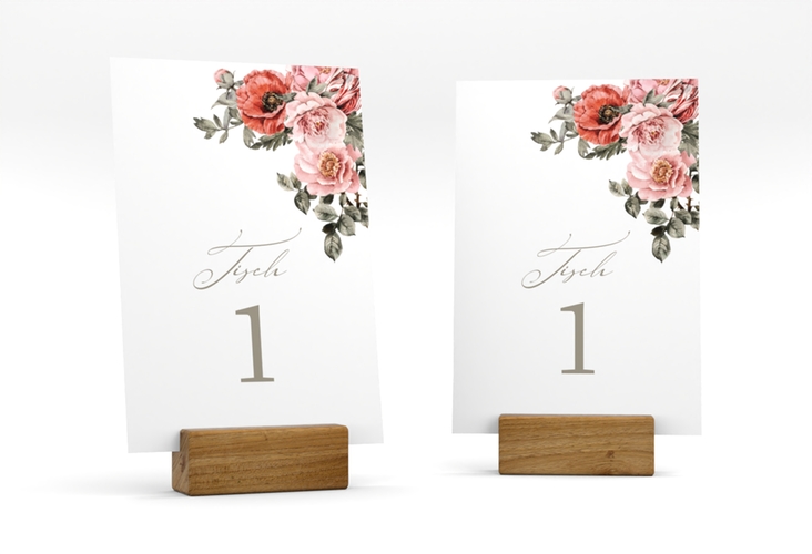 Tischnummer Hochzeit Grazioso Tischaufsteller weiss hochglanz modern mit Mohnblumen und Rosen