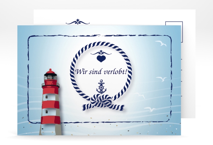 Verlobungskarte zur Hochzeit Sylt A6 Postkarte blau mit Leuchtturm