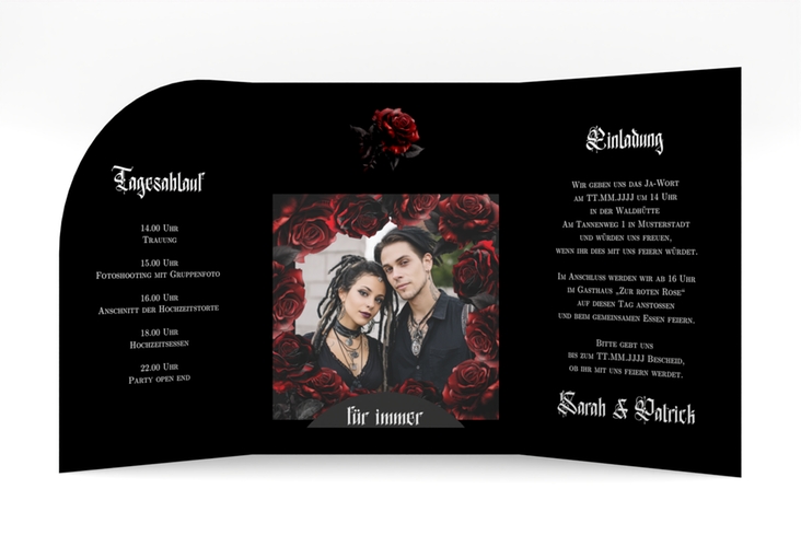 Hochzeitseinladung Gothic Rose mittlere Bogen-Wickelfalzkarte