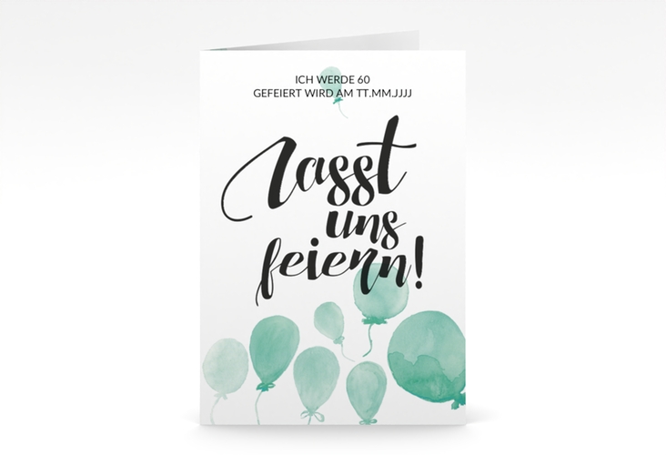 Einladung 60. Geburtstag Ballon A6 Klappkarte hoch gruen mit Luftballons im Aquarell-Design