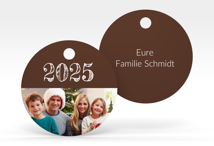 Geschenkanhänger Weihnachten Besinnlichkeit Geschenkanhänger, rund braun hochglanz zum Personalisieren mit Jahreszahl und Foto