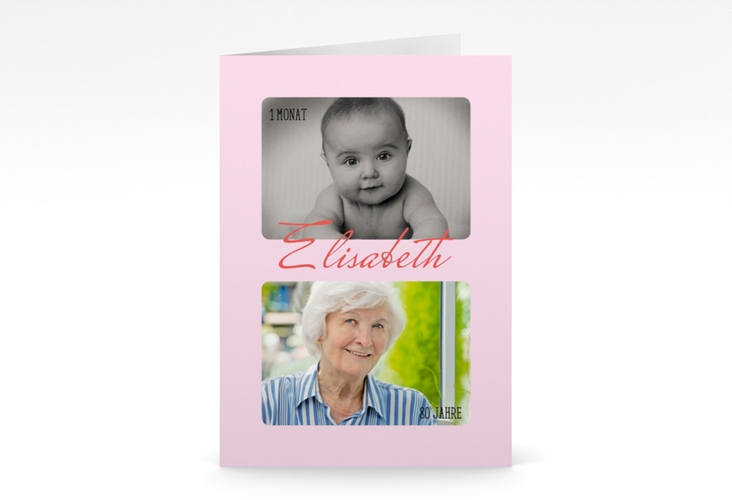 Einladung 80. Geburtstag Zeitlos A6 Klappkarte hoch mit Damals- und Heute-Fotos
