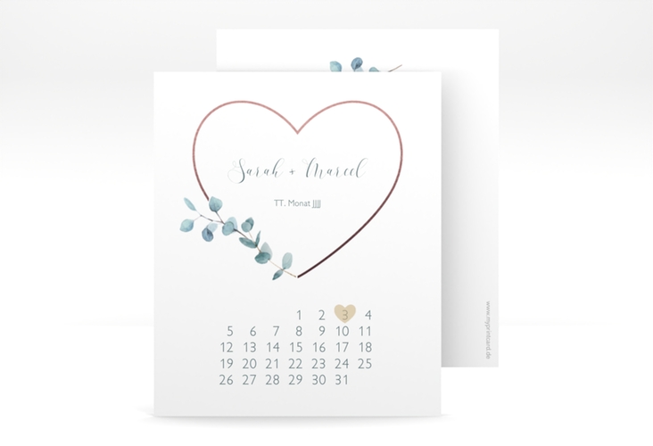 Save the Date-Kalenderblatt Greenheart Kalenderblatt-Karte rosa hochglanz mit elegantem Herz und Eukalyptus-Zweig
