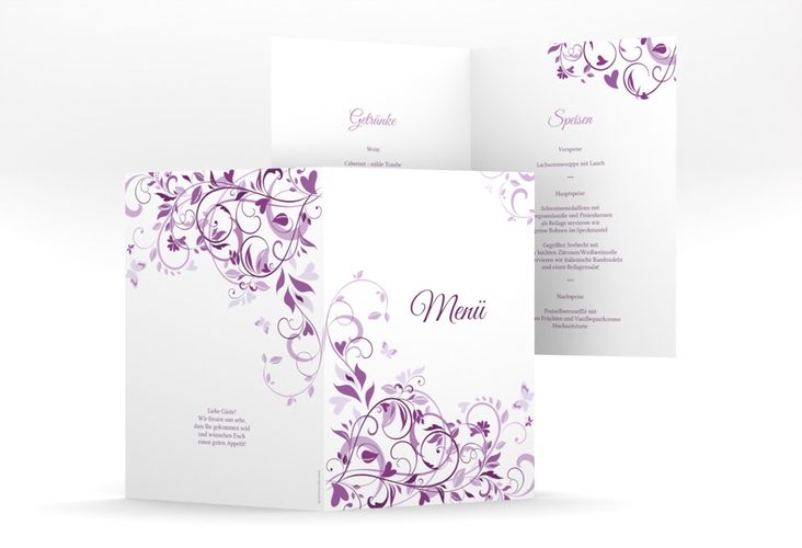 Menükarte Hochzeit Lilly A5 Klappkarte hoch lila hochglanz