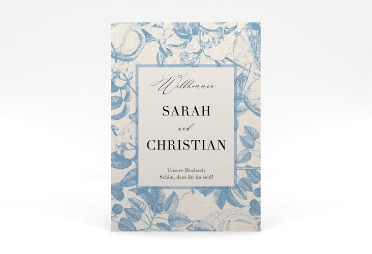 Willkommensschild Poster Hochzeit Toile 50 x 70 cm Poster blau mit Blättermuster im Toile-de-Jouy-Stil