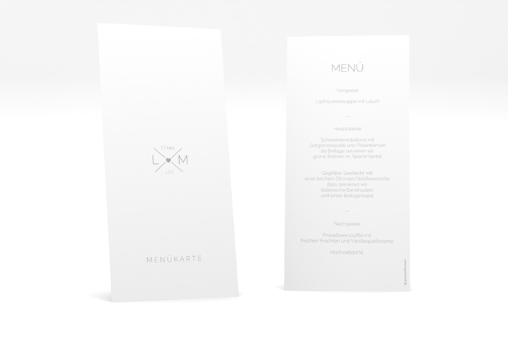 Menükarte Hochzeit Initials lange Karte hoch grau mit Initialen im minimalistischen Design