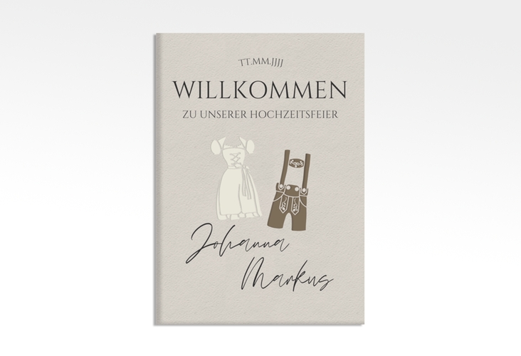 Willkommensschild Leinwand Trachtenhochzeit 50 x 70 cm Leinwand beige mit Dirndl und Lederhose