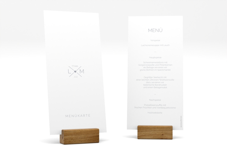 Menükarte Hochzeit Initials lange Karte hoch grau hochglanz mit Initialen im minimalistischen Design