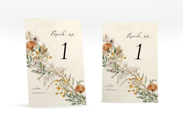 Tischnummer Hochzeit Wildfang Tischaufsteller beige mit getrockneten Wiesenblumen