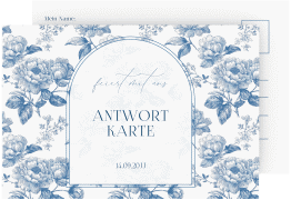 Antwortkarte Hochzeit Blue Floral A6 Postkarte weiss mit blauem Blumenmuster auf weißem Grund