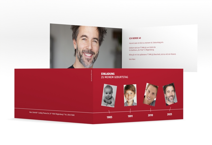 Einladung 40. Geburtstag Timeline lange Klappkarte quer rot