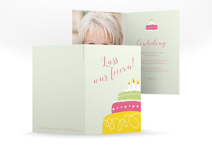 Einladung 70. Geburtstag Cake A6 Klappkarte hoch gruen