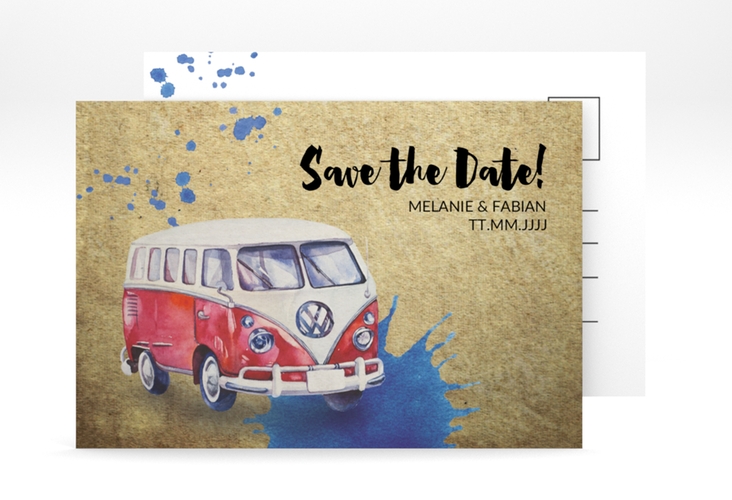 Save the Date-Postkarte Bulli A6 Postkarte beige hochglanz