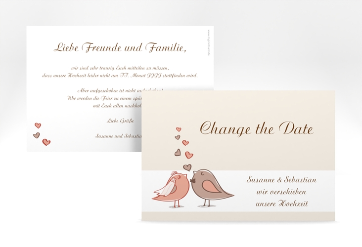 Change the Date-Karte Hochzeit Venedig A6 Karte quer mit Turteltauben-Paar im Cartoon-Stil