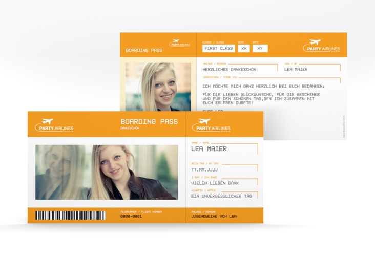 Danksagung Jugendweihe Ticket lange Karte quer orange