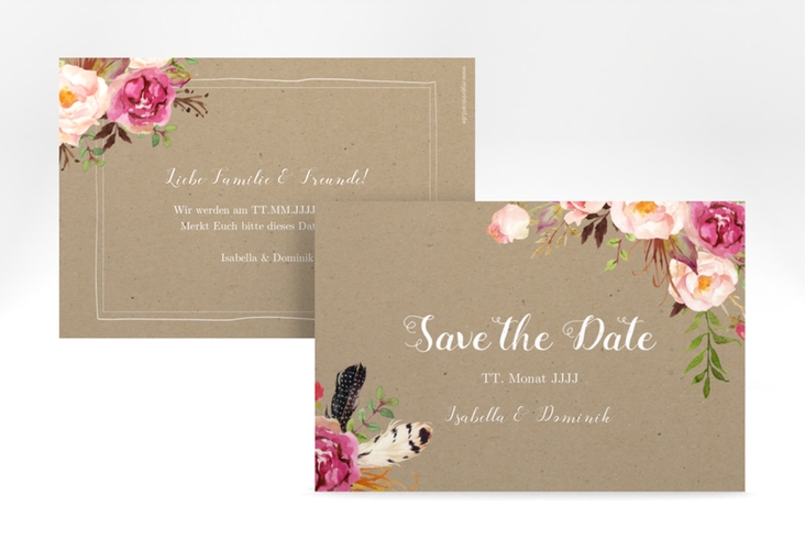 Save the Date-Karte Flowers A6 Karte quer Kraftpapier hochglanz mit bunten Aquarell-Blumen