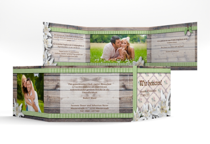 Einladungskarte Hochzeit Bayern A6 Doppel-Klappkarte gruen hochglanz mit Edelweiß in rustikaler Holz-Optik
