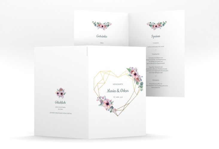 Menükarte Hochzeit Herzgold A5 Klappkarte hoch