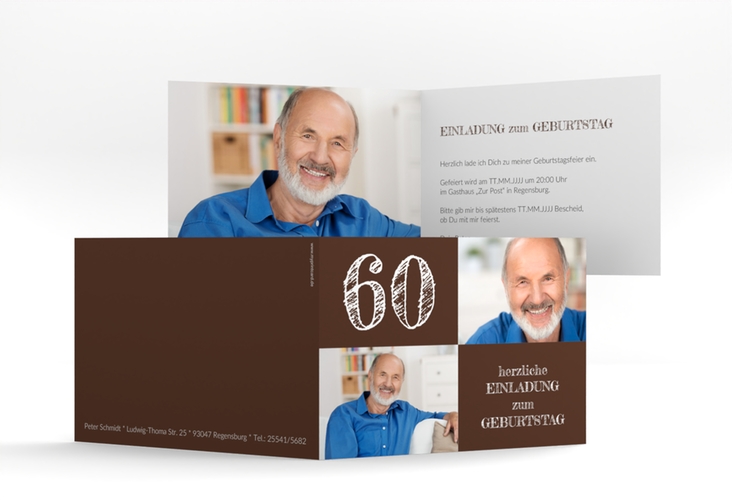 Einladung 60. Geburtstag Lebensfreude A6 Klappkarte quer braun