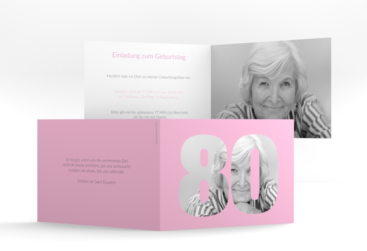 Einladung 80. Geburtstag Numbers A6 Klappkarte quer rosa hochglanz