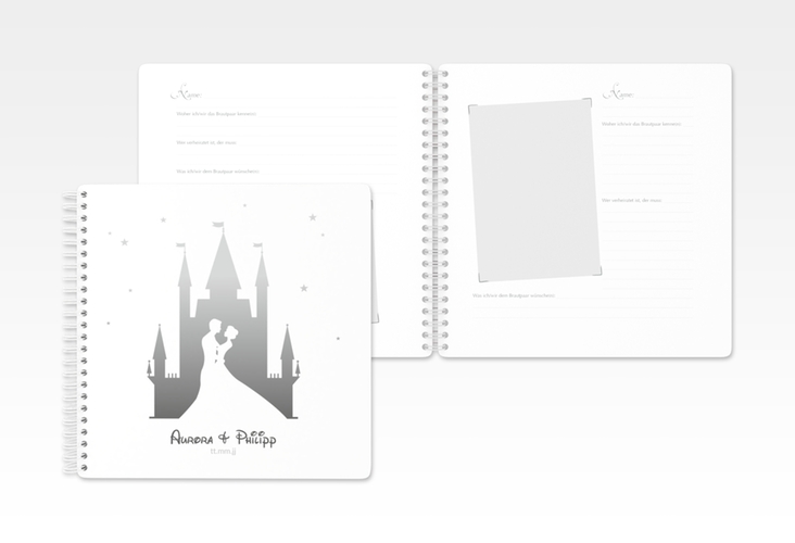 Gästebuch Hochzeit Castle Ringbindung grau mit Silhouette von Märchenschloss mit Prinz und Prinzessin