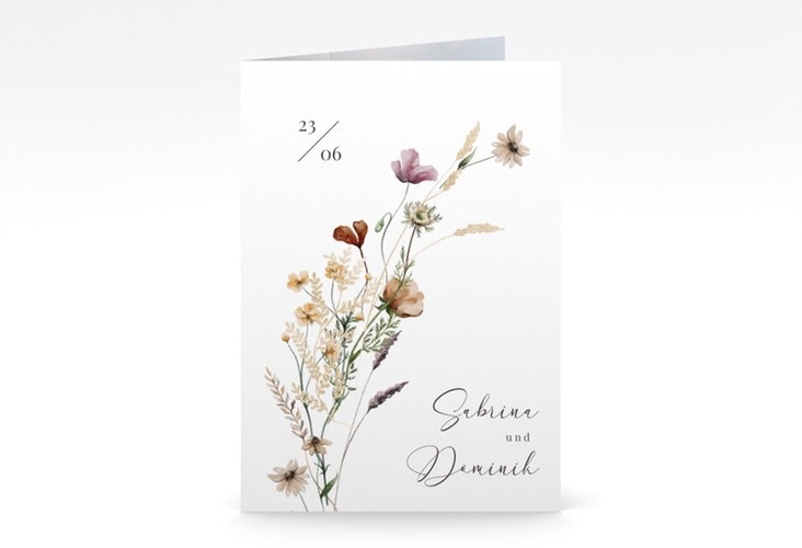 Einladungskarte Hochzeit Sauvages A6 Klappkarte hoch weiss hochglanz mit getrockneten Wiesenblumen