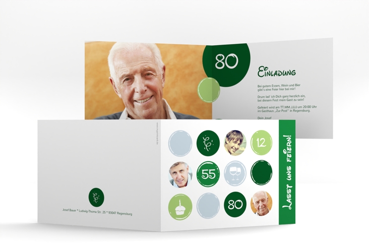 Einladung 80. Geburtstag Circles A6 Klappkarte quer gruen