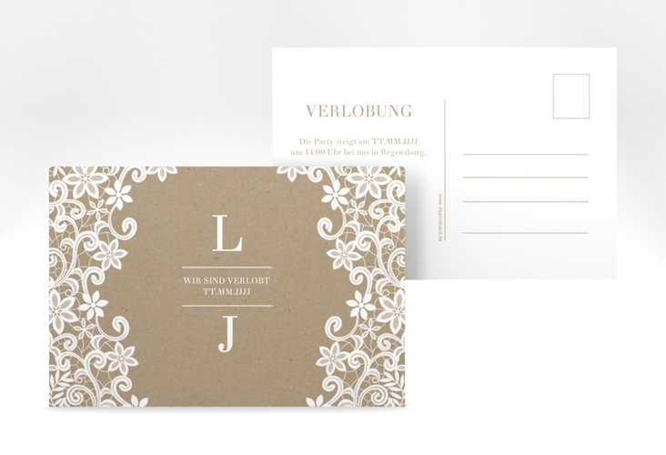 Verlobungskarte Hochzeit Bella A6 Postkarte Kraftpapier mit weißer Brautspitze um Initialen
