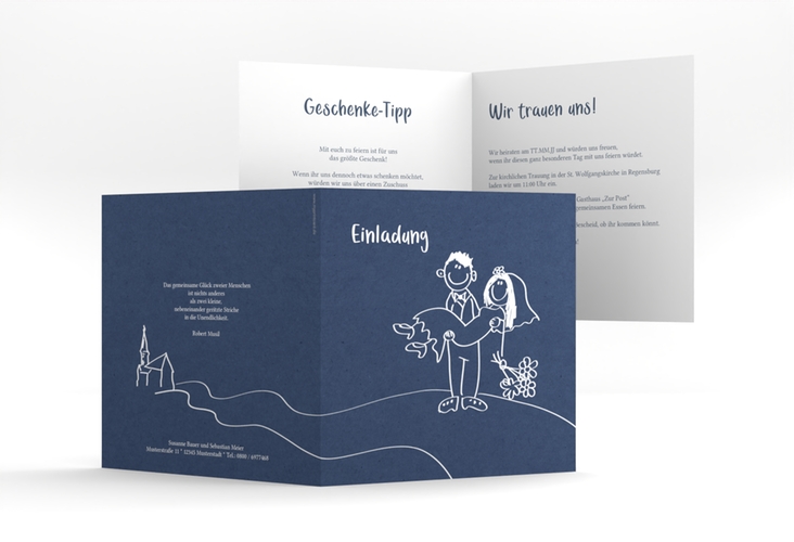 Hochzeitseinladung Pisa quadr. Klappkarte blau