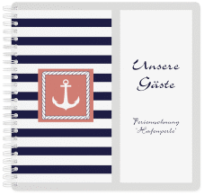 Gästebuch Ferienwohnung Hafenperle Ringbindung mit maritimen Streifen und Anker