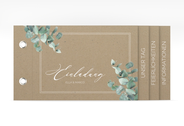 Hochzeitseinladung Eucalypt Booklet Kraftpapier hochglanz mit Eukalyptus und edlem Rahmen