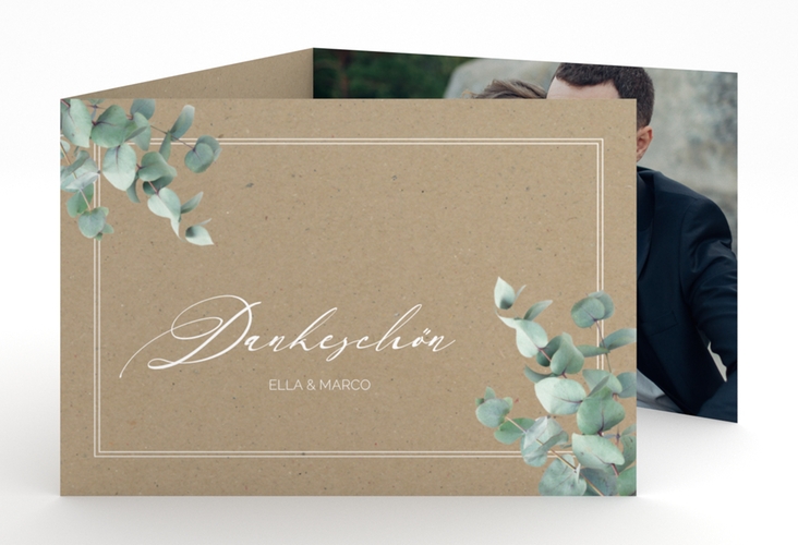 Danksagungskarte Eucalypt A6 Doppel-Klappkarte Kraftpapier hochglanz mit Eukalyptus und edlem Rahmen