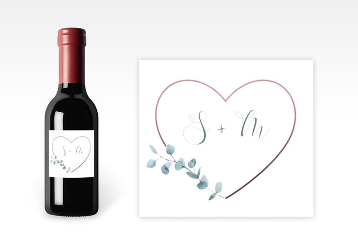 Piccoloetikett Hochzeit Greenheart Etikett Piccolo rosa mit elegantem Herz und Eukalyptus-Zweig