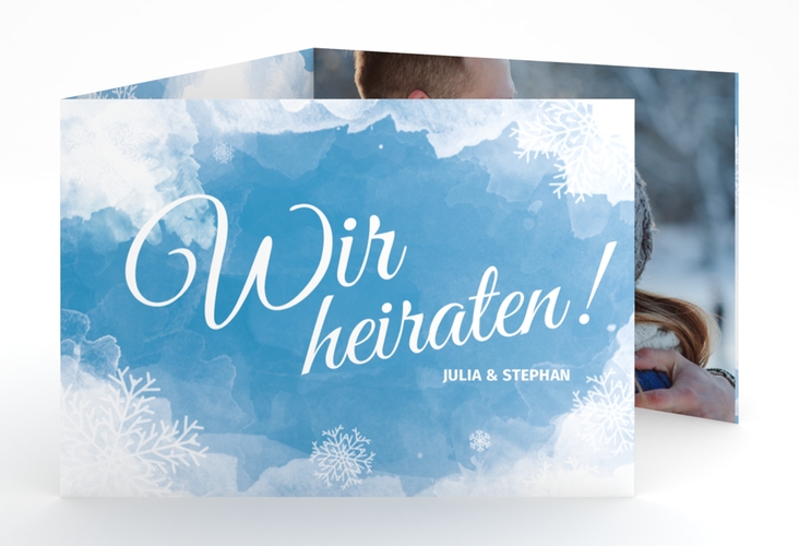 Hochzeitseinladung Frozen A6 Doppel-Klappkarte blau mit Winter-Design