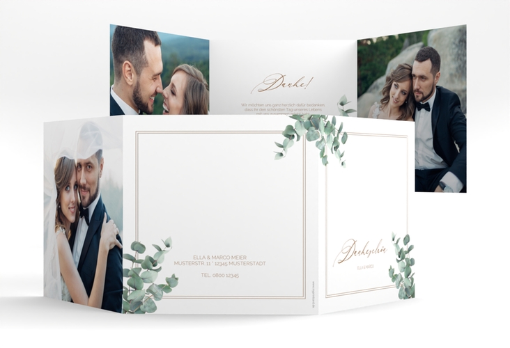 Dankeskarte Hochzeit Eucalypt quadr. Doppel-Klappkarte mit Eukalyptus und edlem Rahmen