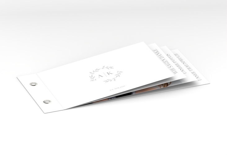Danksagungskarte Filigrana Booklet grau hochglanz in reduziertem Design mit Initialen und zartem Blätterkranz