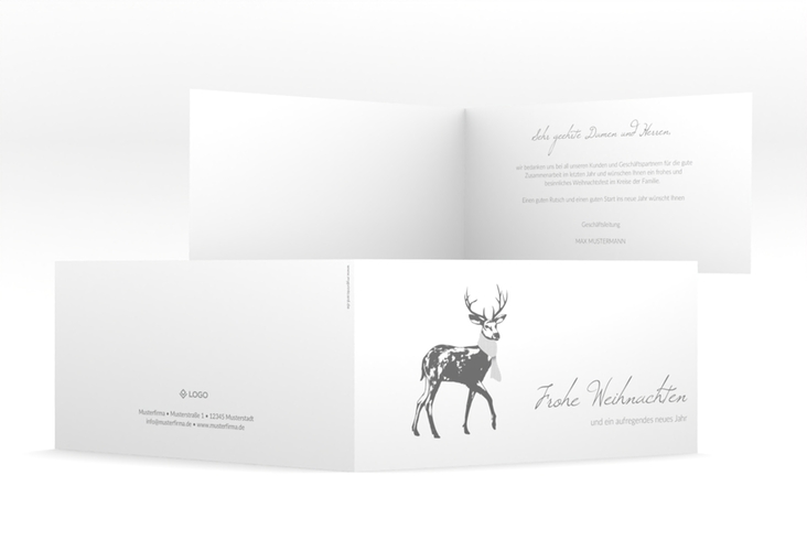 Geschäftliche Weihnachtskarte Hirsch lange Klappkarte quer weiss mit Hirsch mit Schal