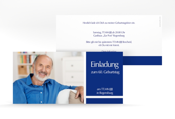 Einladung 60. Geburtstag Gerd/Gerda lange Karte quer blau mit Foto