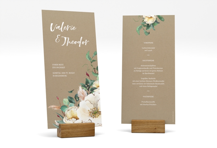 Menükarte Hochzeit Ivory lange Karte hoch Kraftpapier hochglanz