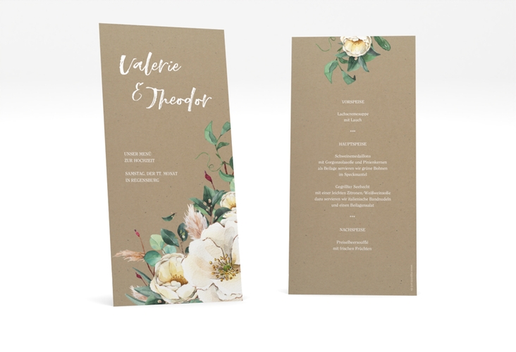Menükarte Hochzeit Ivory lange Karte hoch Kraftpapier hochglanz