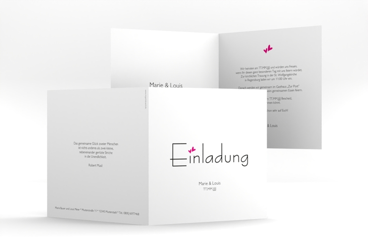 Hochzeitseinladung Twohearts quadr. Klappkarte pink hochglanz