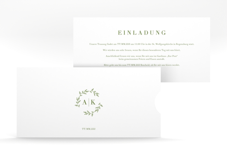 Hochzeitseinladung Filigrana Einsteckkarte gruen hochglanz in reduziertem Design mit Initialen und zartem Blätterkranz