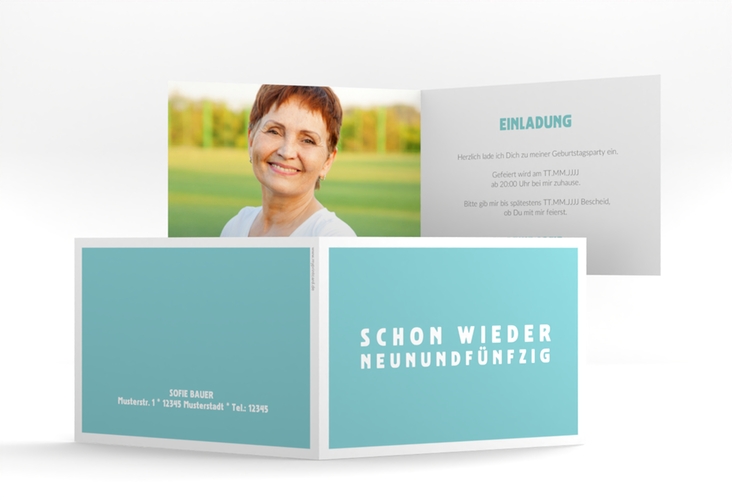 Einladung 60. Geburtstag Gag A6 Klappkarte quer tuerkis