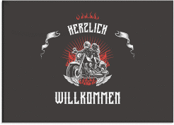 Klick: Details zu Willkommensschild Leinwand "Biker" anzeigen Willkommensschild Leinwand Biker 70 x 50 cm Leinwand schwarz mit Rocker-Paar auf Motorrad