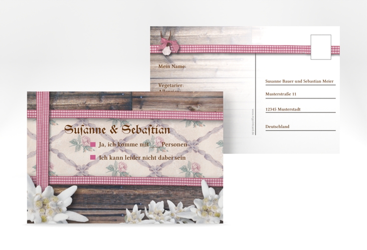 Antwortkarte Hochzeit Bayern A6 Postkarte rot mit Edelweiß in rustikaler Holz-Optik